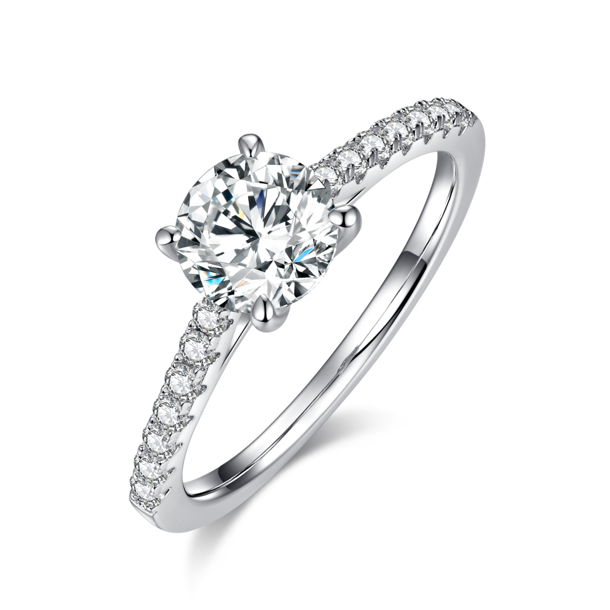 Micro inlaid round S925 silver plated white gold moissanite diamond women's ring 1.0 carat D-grade